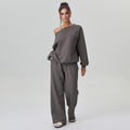 KatchMe Women's Leisure Solid Color Sloping Shoulder Long Sleeve Top & Wide Leg Trousers Co-ord, Cozy Scoop Neck Loose Two Piece Outfits, Basic Womenswear